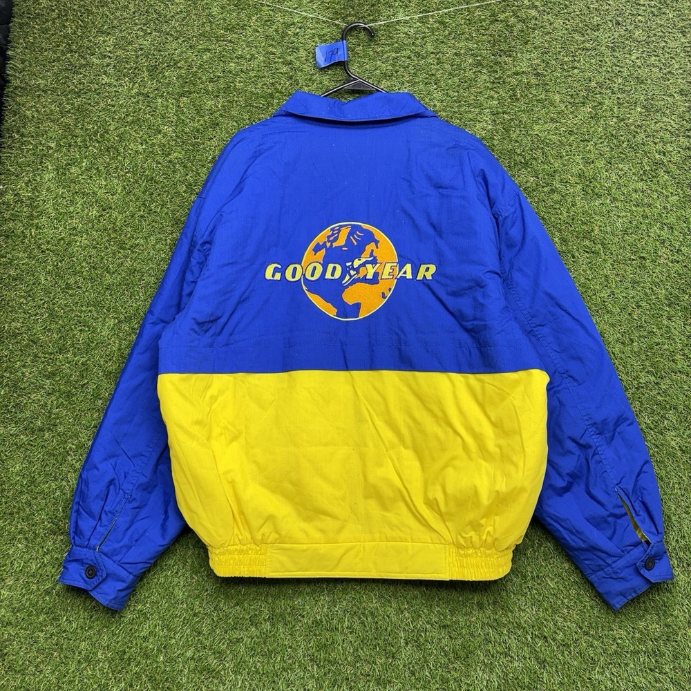 Vintage Goodyear Jacket Mens XL Bomber Racing Embroidered Blue Zip Up Earth